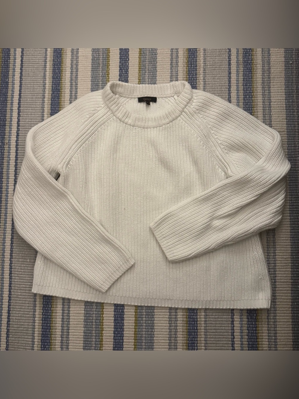 Quince White Cotton Crewneck Ribbed Knit Fisherman Sweater, Large